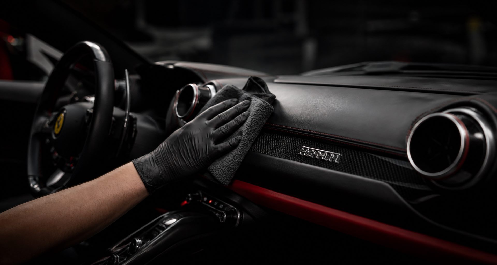Detallado interior de Ferrari con guante y microfibra — detailing profesional Barcelona